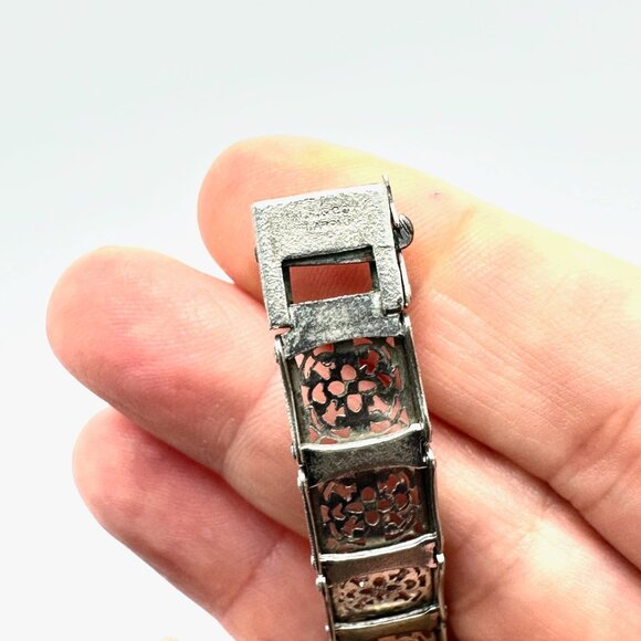 Vintage Art Deco Green And Clear Glass Stone Silver Bracelet 7 Inch Antique - Picture 4 of 6